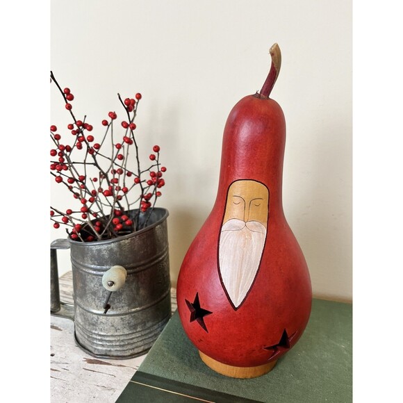 Vintage Old Saint Nick Hand Painted Gourd Christmas Folk Art / Holiday Decor - Picture 2 of 7